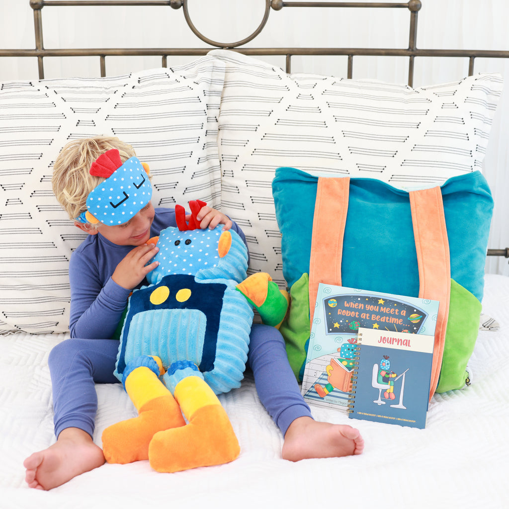 HuggaBuddies Robot Stuffed Animal Set for Kids - Plush Animal with Blanket |  Robot Book with Stuffed Animal Set |  Wearable Blanket and Stuffed Toy Backpack 55" W x 72" | Fun Gift Idea for 10 Year Olds (Robot) 