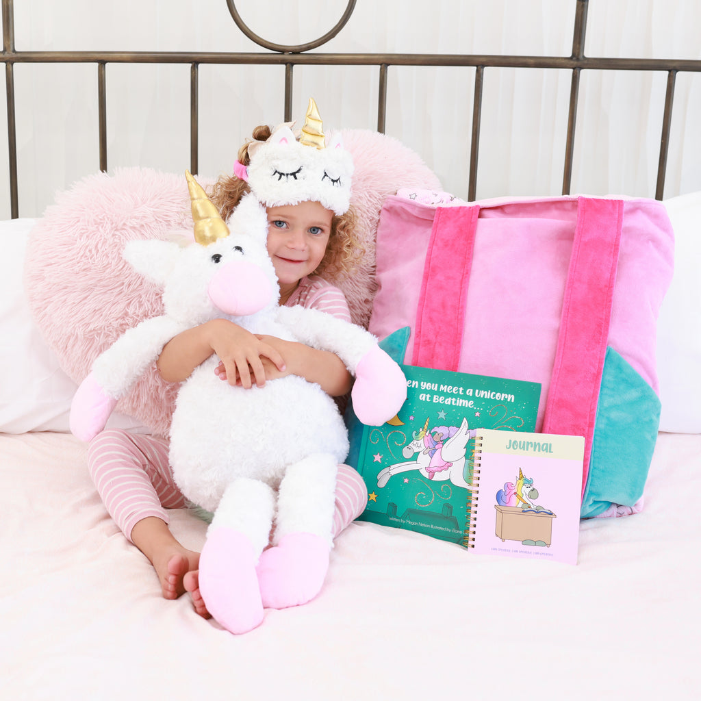 HuggaBuddies Unicorn Stuffed Animal Set for Kids - Plush Animal with Blanket |  Unicorn Book with Stuffed Animal Set |  Wearable Blanket and Stuffed Toy Backpack 55" W x 72" | Fun Gift Idea for 10 Year Olds (Unicorn) 